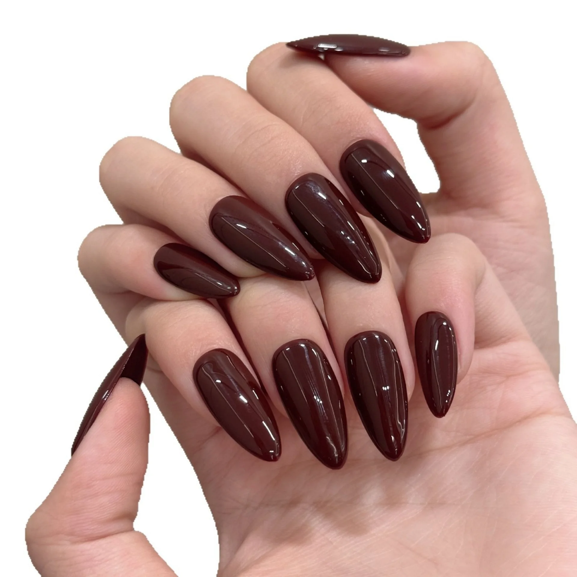 10개입 심플 블루 핸드메이드 프레스온 가짜 손톱 아트 단색 중간 길이 아몬드 모양 인조 손톱 팁 착용 가능한 풀커버 네일 세트