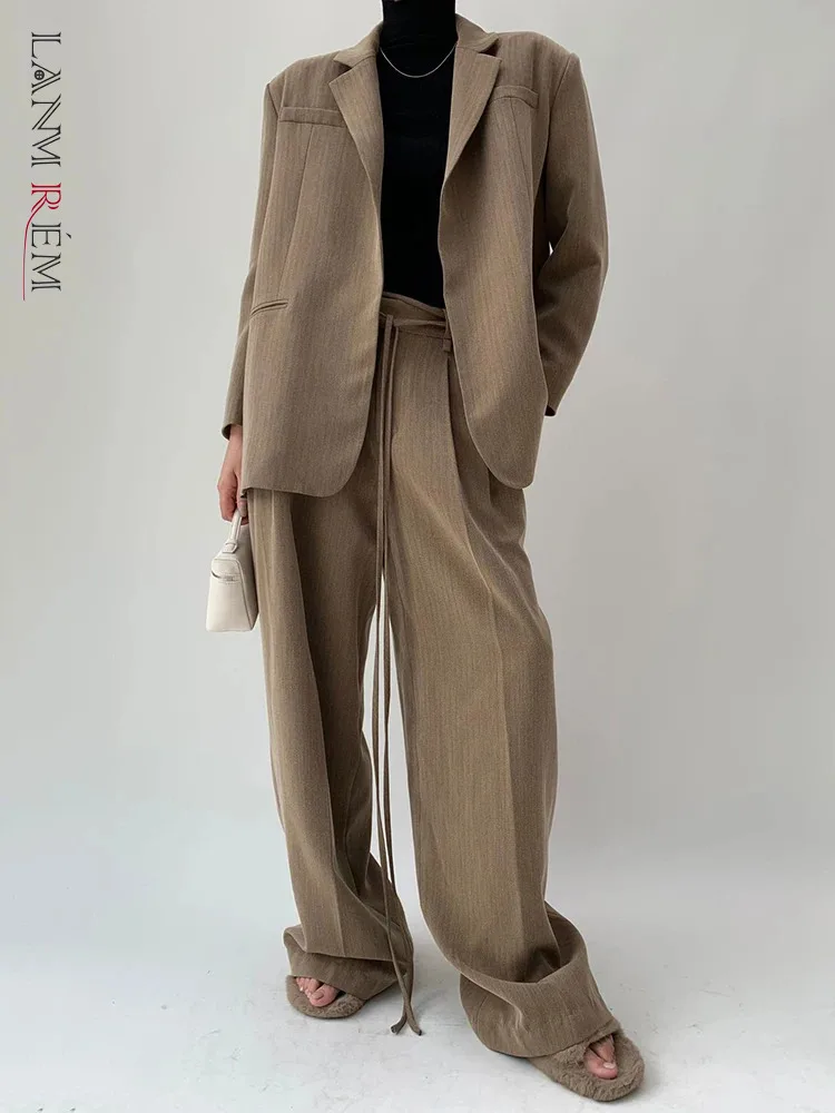 

[LANMREM] Elegant 2 Piece Set For Women Lace-up Gathered Waist Blazer High Waist Straight Loose Pants 2024 Spring New 26D7277