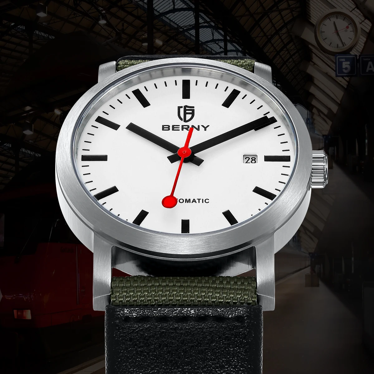 BERNY Swiss Railroad Automatic Watch Men Mechanical Wristwatch MIYOTA 8215 Male 5ATM Waterproof  Luxury Men Classic Clock