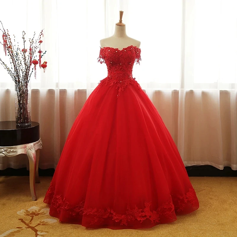 

Bealegantom Red Lace Ball Gown Quinceanera Dresses Tulle Beaded Lace Up Sweet 16 Prom Party Gown Debutante Vestidos De 15 Anos
