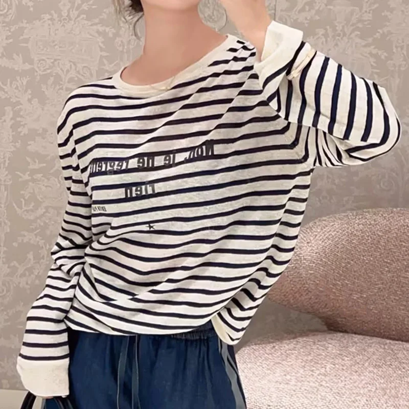 

23 Women Chic Vintage Stripe Sweater Fashion Letter Decoration Long Sleeve O-neck Casual Loose Knit Pullover Lady Office Clothes