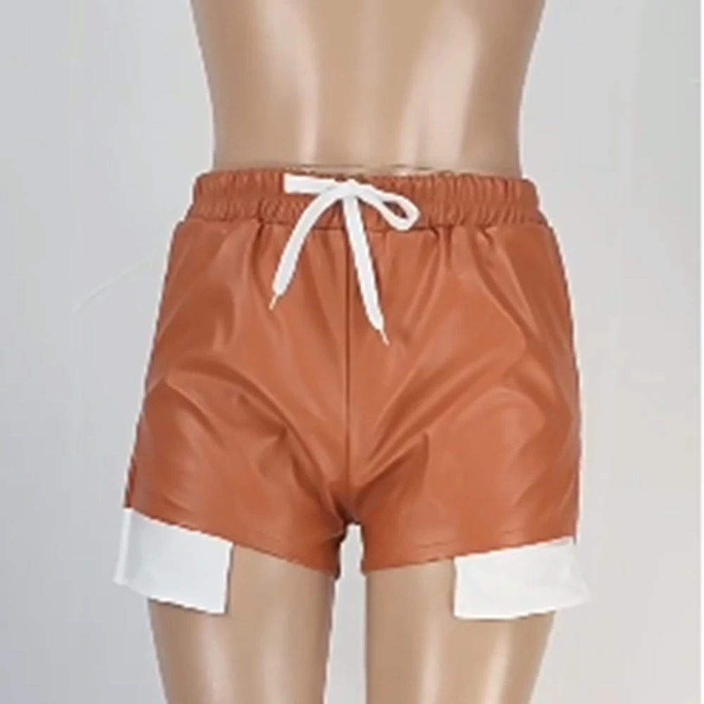 2023 Women's Casual Fitness Femme Summer Hem Split PU Leather Drawstring Shorts Pocket Stitching Lace-up Sports Streetwear S-2XL