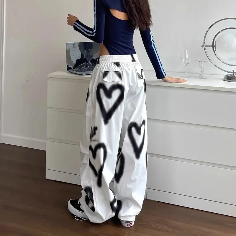 الهيب هوب الأمريكي الحب الكتابة على الجدران المرأة عادية المتضخم السراويل ربيع الخريف موضة مرونة عالية الخصر تنوعا فضفاض بنطلون