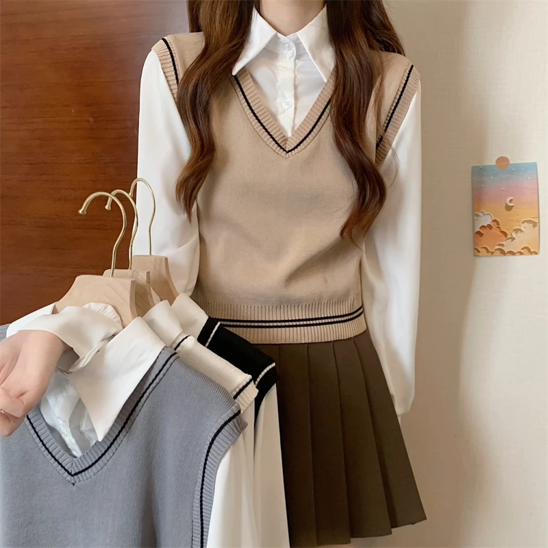 

preppy style Fake two pieces Slim casual Tops korean Women Long Sleeve Turn-down collar Knitted Sweater Ladies Soft Sweaters Top