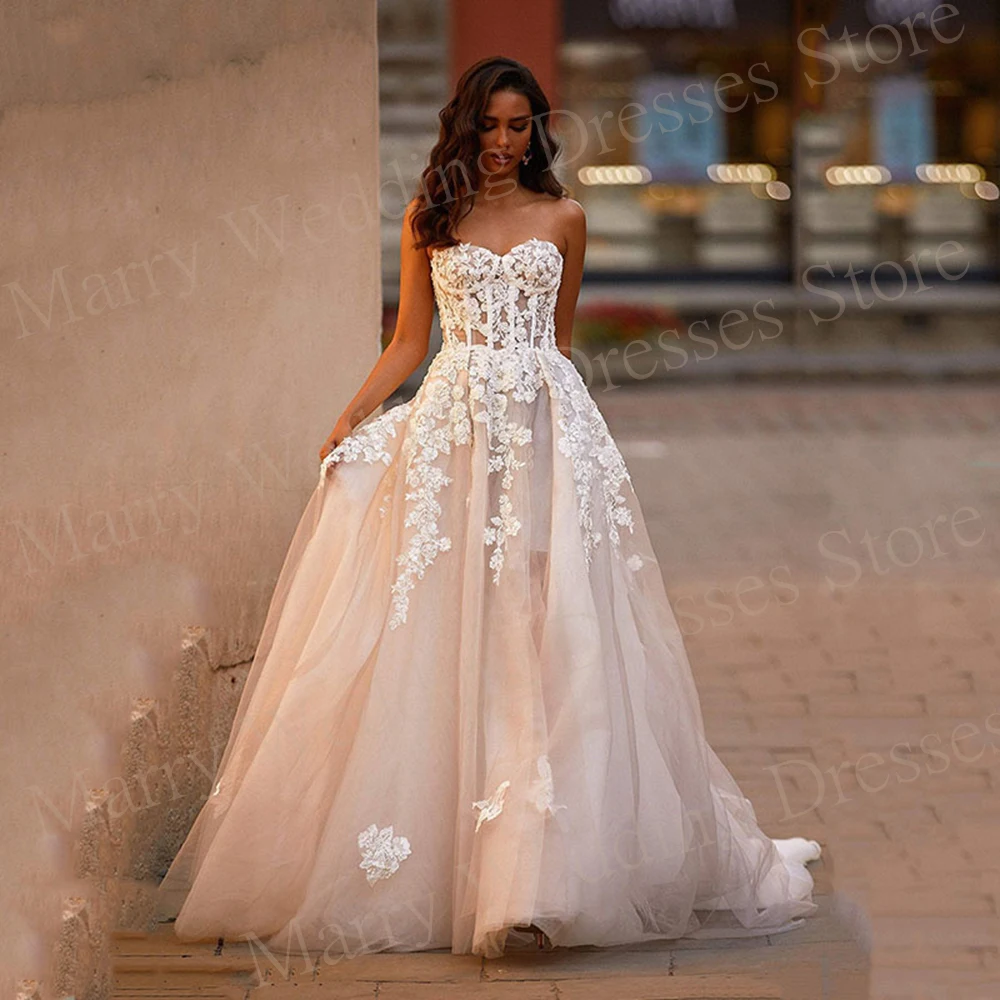 

Boho Fascinating A Line Women's Wedding Dresses Charming Strapless Appliques Lace Up Bride Gowns Sleeveless Vestidos De Novias