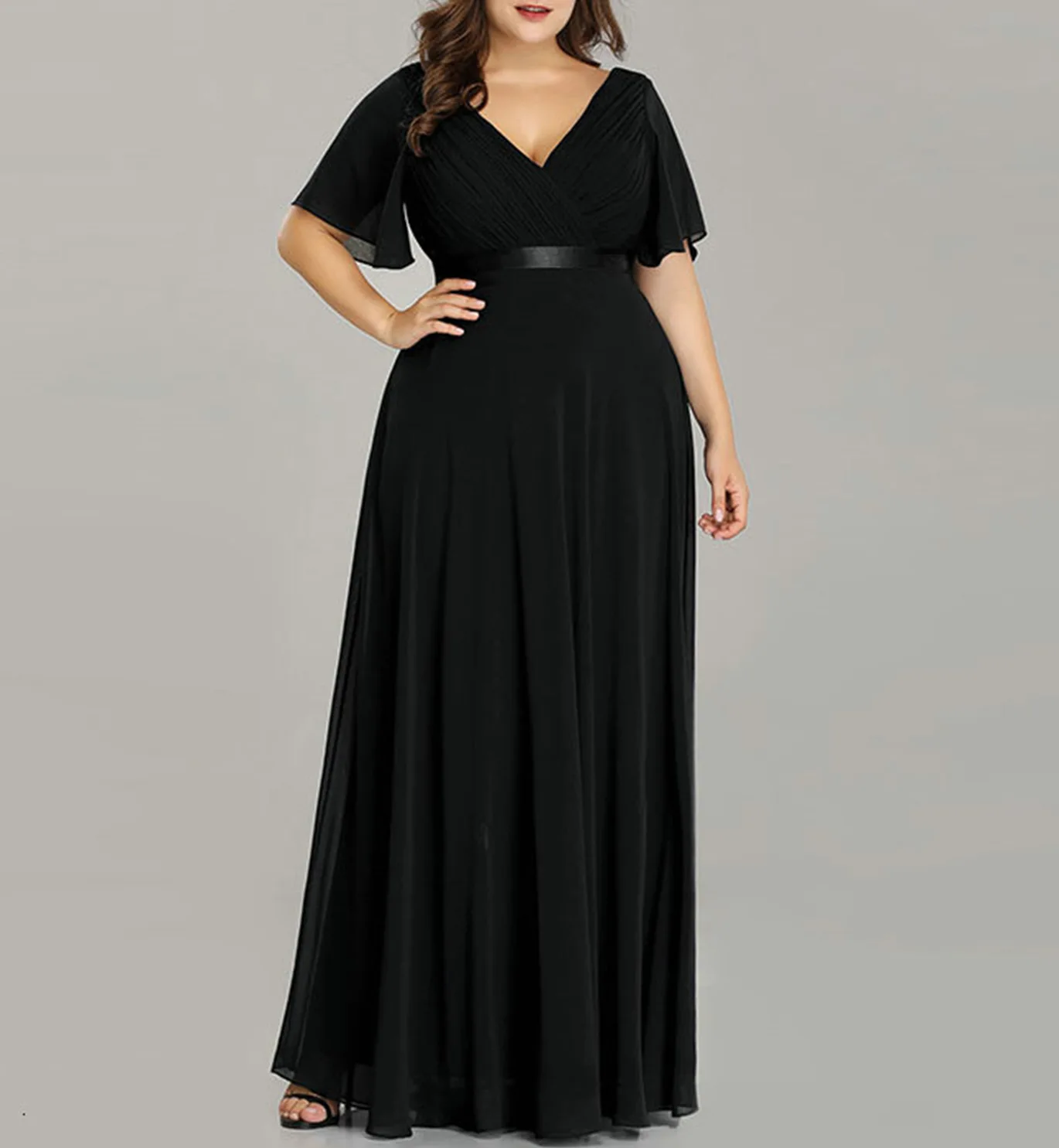 

New women's large size V-neck short-sleeved dress solid color dress long skirt