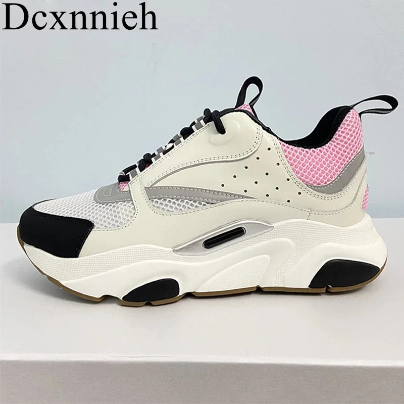 

Round Toe Thick Heels Heighten Daddy Shoes Mesh Breathable Casual Shoes Spring Autumn Lace up Color Matching Flat Shoes Unisex