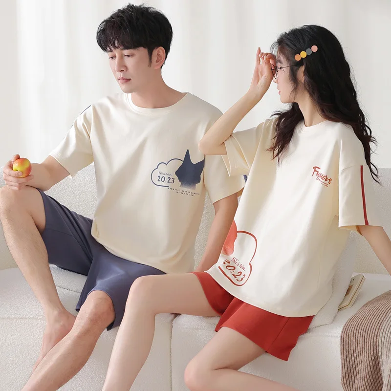 New Summer Cotton Short Sleeve Women Pajamas Set Couple Pijamas Lover Round Neck Short Pants Sleepwear Men Home Clothes Dropship