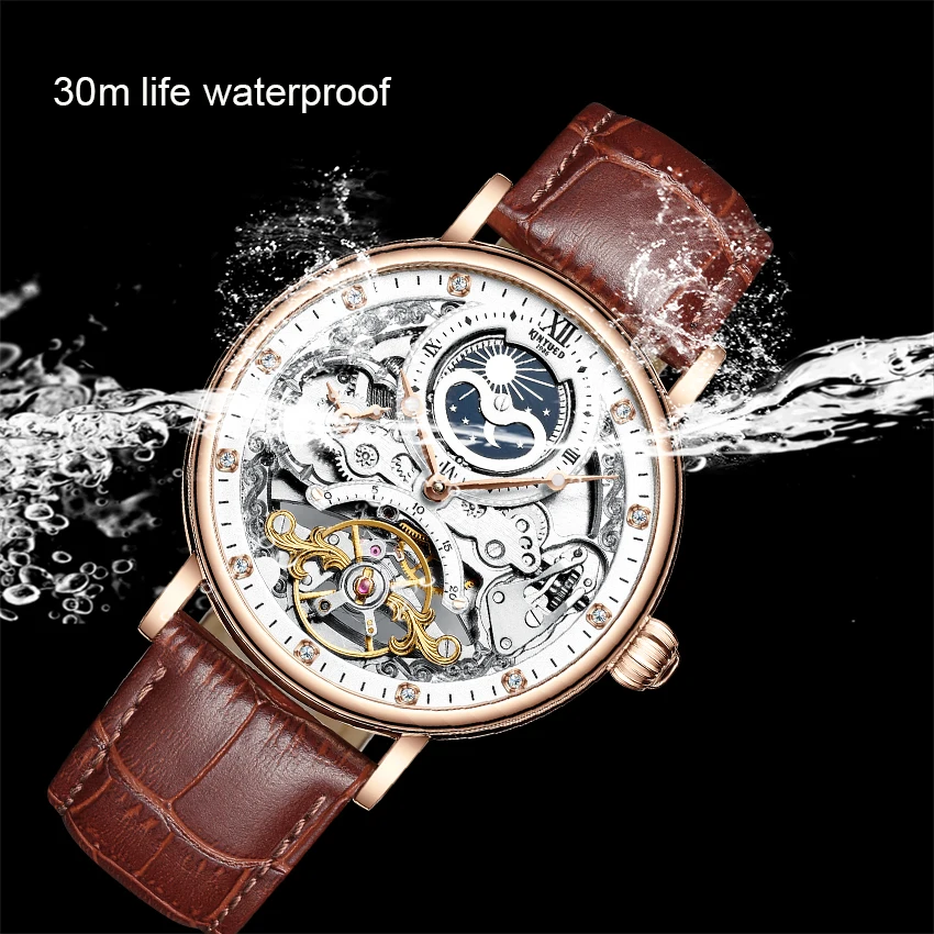 KINYUED Waterproof Mens Tourbillon Skeleton Watches Top Brand Luxury Transparent Mechanical Moon phase Sport Male Wrist Watches