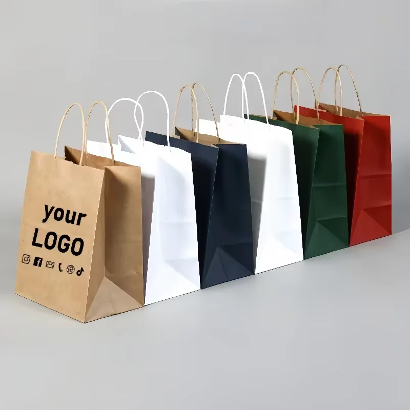 20 Stück anpassbare Logo-Kraftpapiertüten mit Griffen, Geschenkverpackungsbeutel für Geschäft, Kleidung, Hochzeit, Weihnachten, Lieferungen, Handtaschen