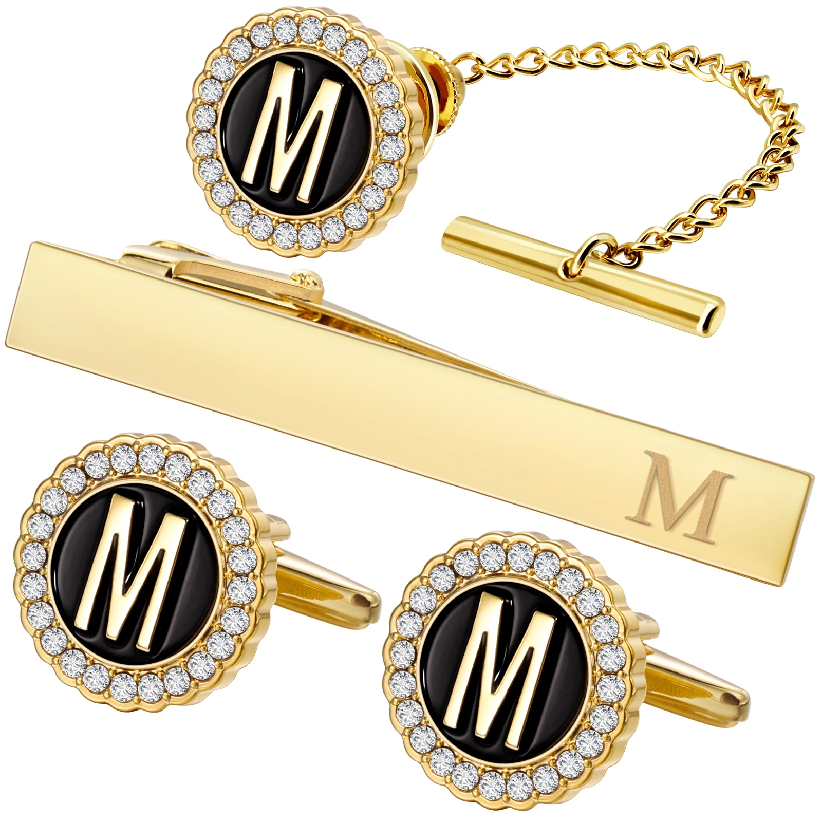 HAWSON Personalized Letter Crystal Cufflinks Tie Clip and Tie Buckle Set for Tie and French Cuffs or Dress Shirt  ,Gift for him