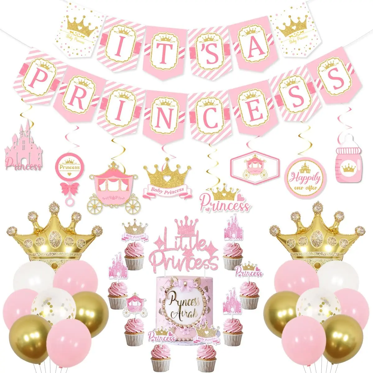 

Little Princess Baby Shower Decorations for Girl Pink Its A Princess Banner Hanging Swirl Cake Toppers Crown Foil Balloons Kit