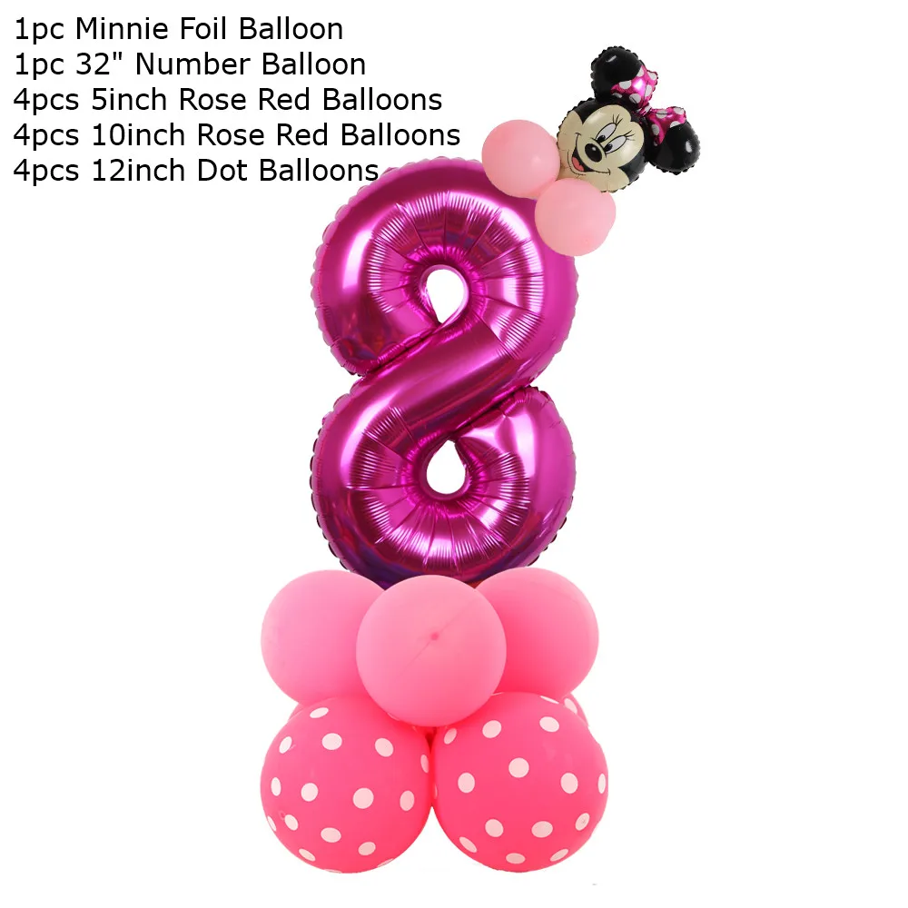 thumbnail image 1 of Juego de 14 globos de aluminio de Minnie rosa de Disney, regalos de cumpleaños para niñas, decoraciones para fiestas, edad 1, 2, 3, 4, 5, 6, 7, 8, 9, suministros para globos con números, 1 of 5