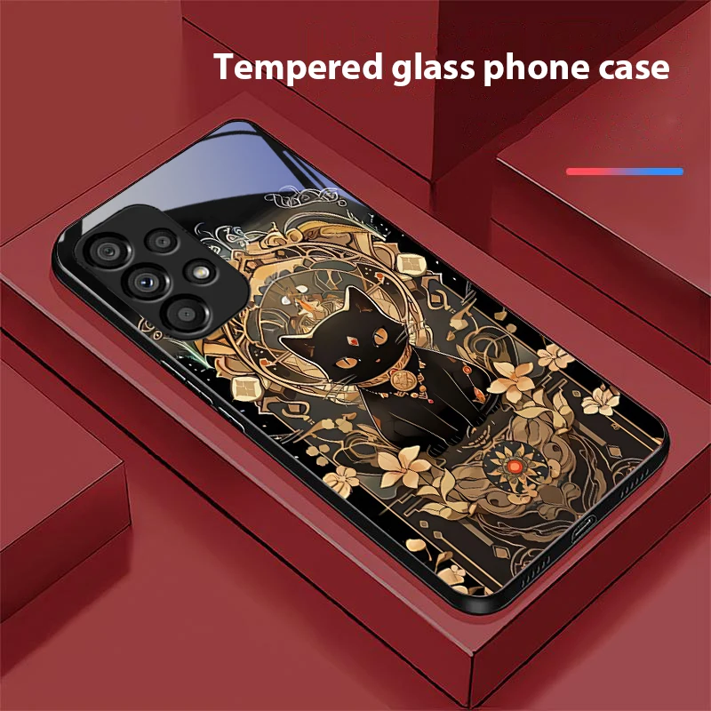 Black Gold Cat Design Tempered Glass Phone Case with Hard Shell