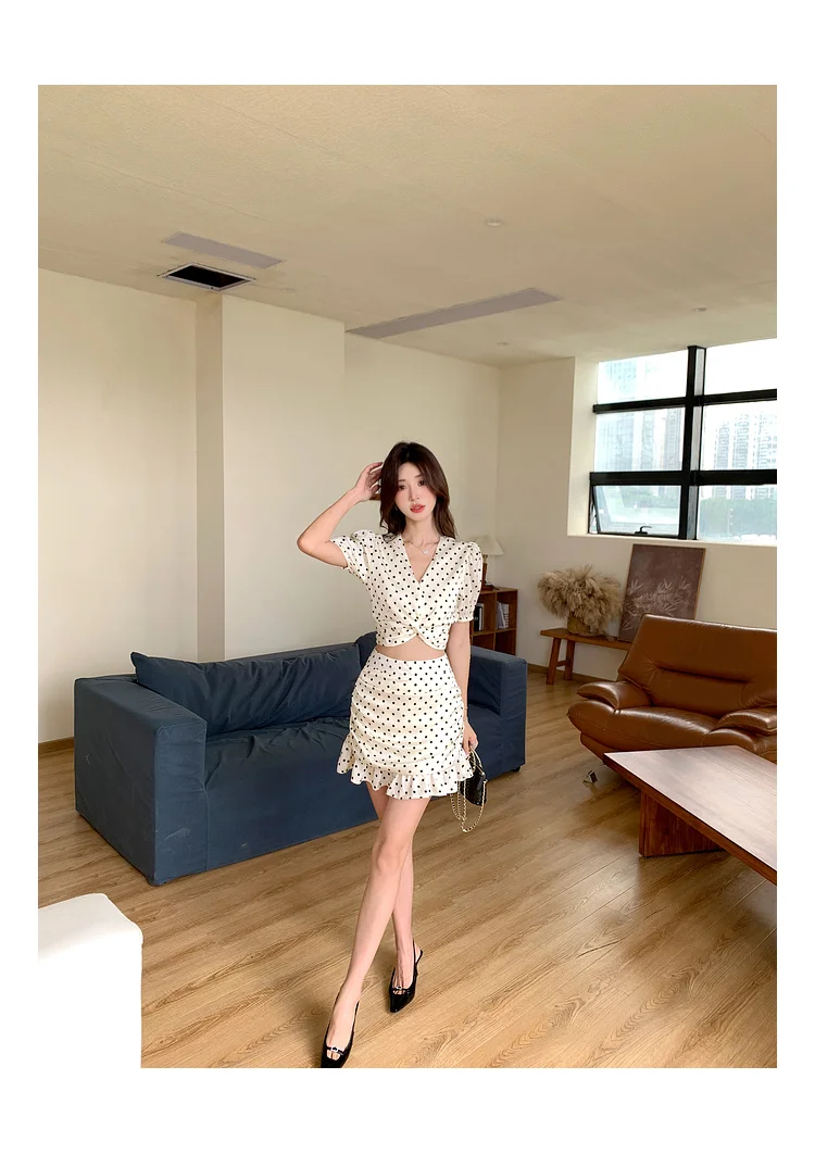 New Summer Two-piece Skirt Set Women Elegant Polka Dot V-neck Cropped Top Bodycon Short Skirt Y2K Sexy Korean Fashion Outfits