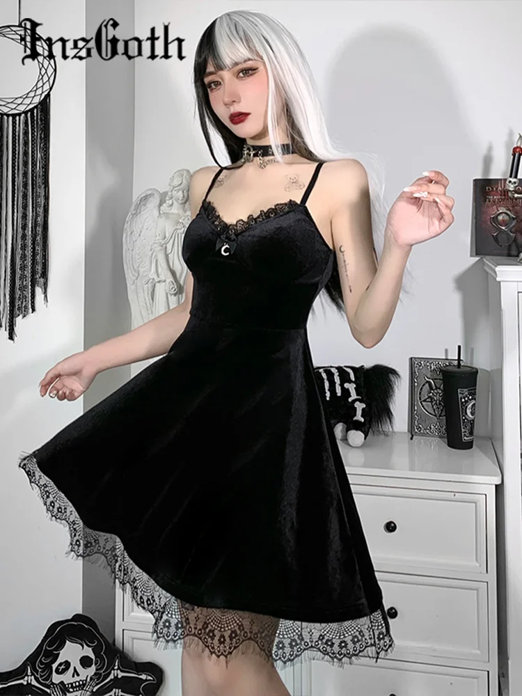 

InsGoth Velvet Spaghetti Strap Dress Backless Moon Pendant Color Full Lace Tirm Dress A Line Waist-in Sleeveless Corset Dress