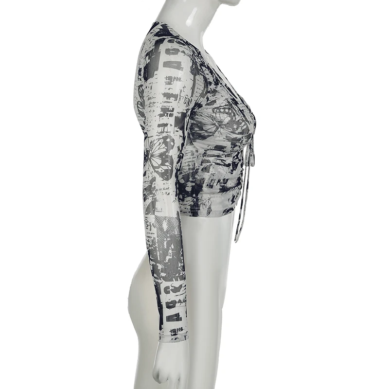 Grunge Mesh Butterfly Print Crop Top Fashion See Through Long Sleeve Hollow Out T-shirt Stylish Y2K Street Outfits