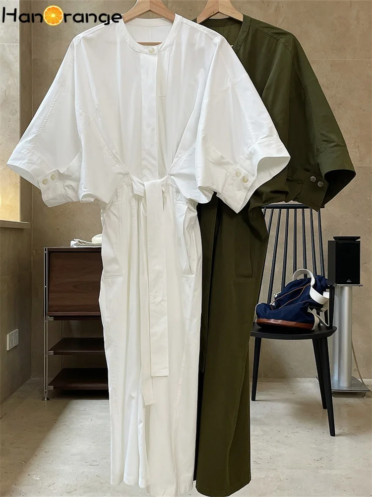 HanOrange Spring Shirt Dress Loose Profile Tie Waist Art Half Sleeve Dress white/army green