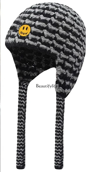 

Ear Protection Strap Black Gray Woolen Cap Warm Knitted Hat Winter