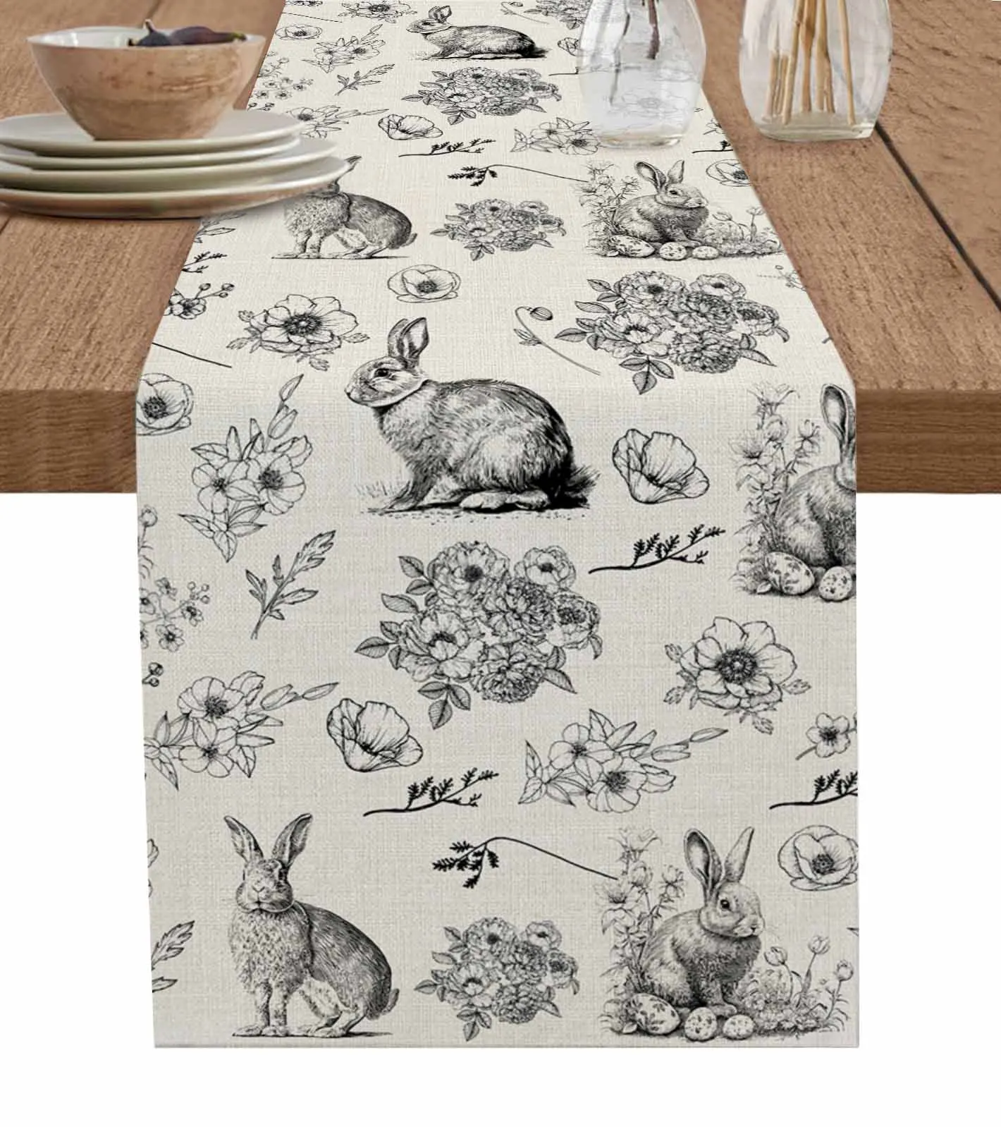 

Rabbit Flower Easter Black And White Linen Table Runner Kitchen Table Decoration Farmhouse Dining Tablecloth Wedding Party Decor