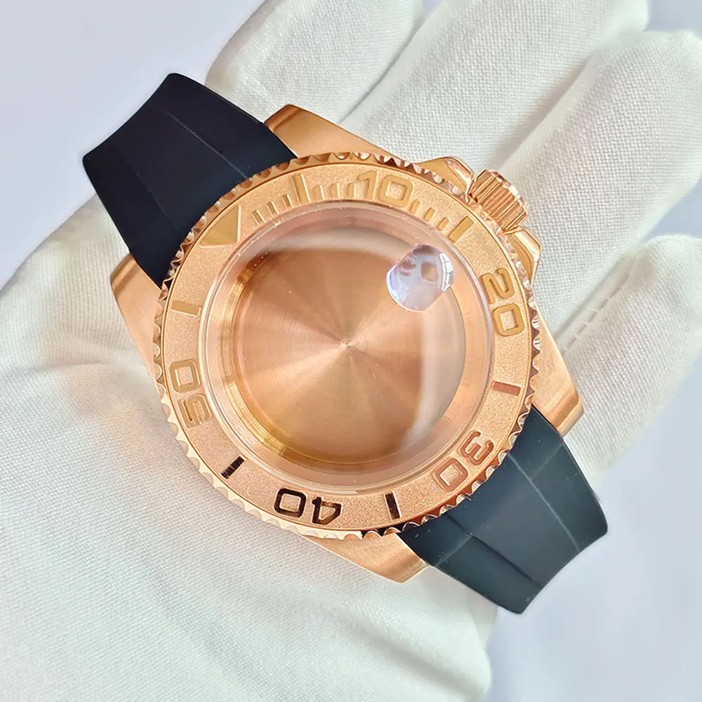 Rose Gold 40mm GMT SUB Watch Case with Silicone Strap and Sapphire Glass