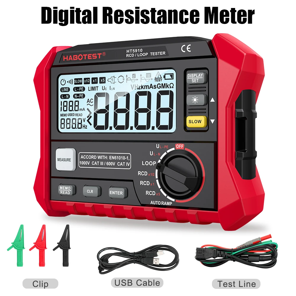 

HT5910 Resistance Meter Leakage Switch Tester 4.7-inch LCD Digital RCD/Loop Tester 1000 Data Storage Voltmeter Megohmmeter