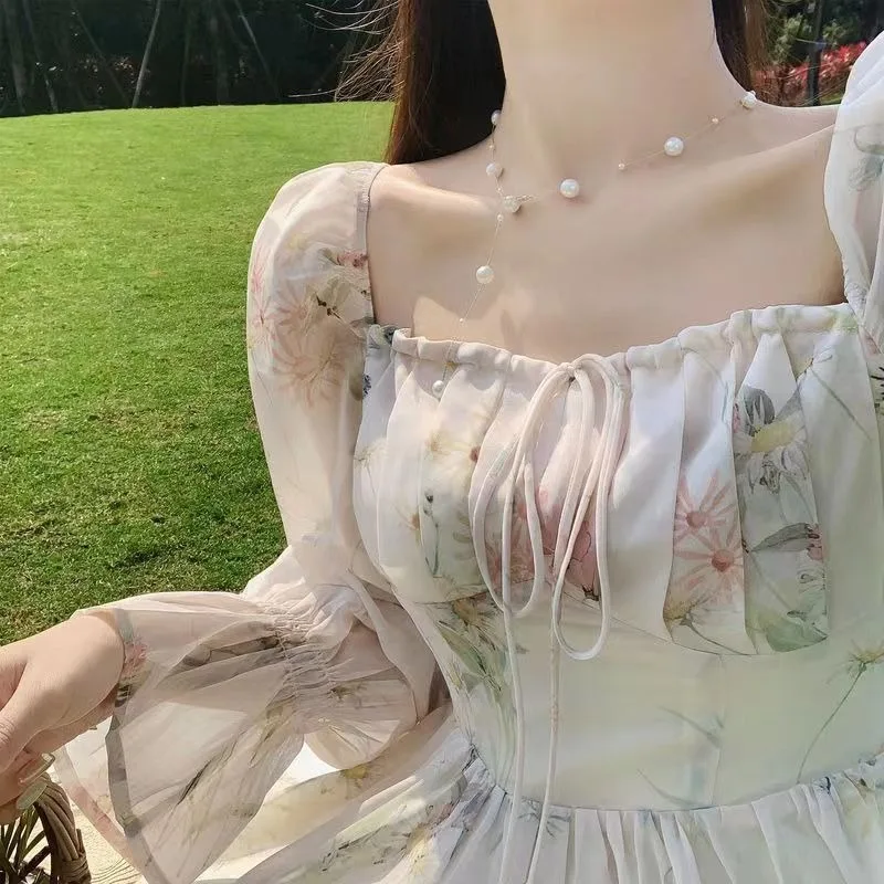 

Holiday Style Floral Chiffon Summer Dress New Mori Gentle Sweet Long-sleeved Dress for Women French First Love Square Neck Dress