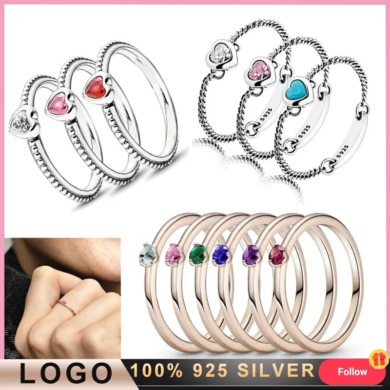 Popular Women's% 925 Sterling Silver Shining Single Stone Ring Original Logo Fashion DIY Charm Jewelry Light Luxury Gift