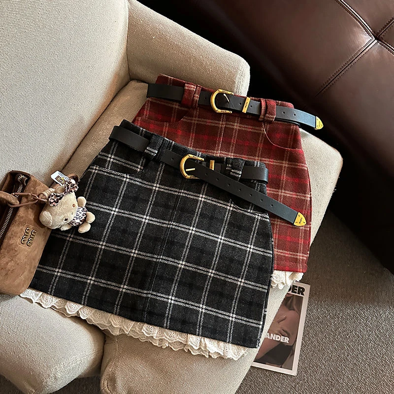 Lace Patchwork Plaid Mini Skirts Women Fall Winter High Waist No Belt Faux Wool Skirts Y2K Fashion Preppy All Match A Line Skirt