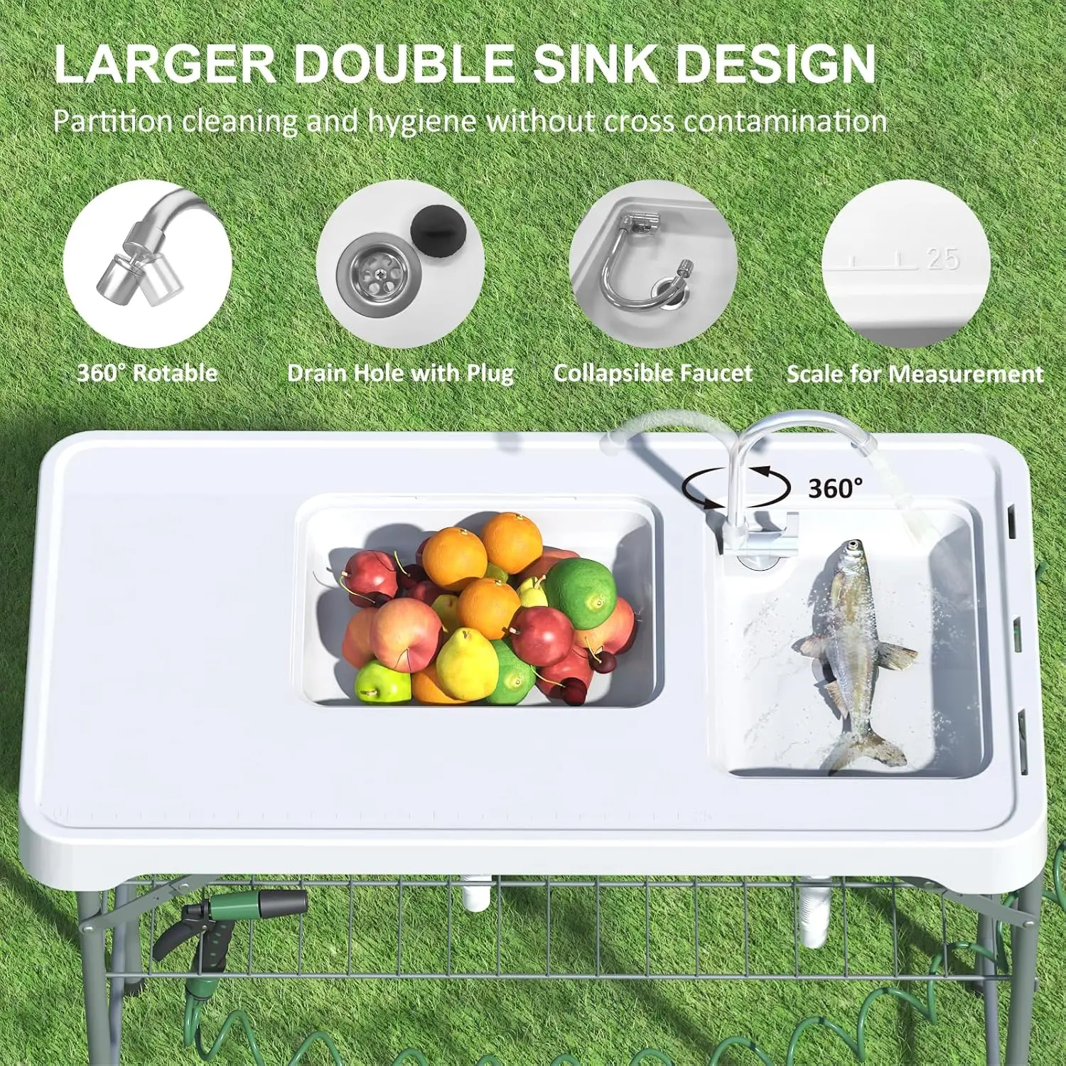 42.5" Fish Cleaning Table with Dual Sink, Portable Folding Camping Table with Faucet, Sprayer, Grid Rack, Hose Hook Up