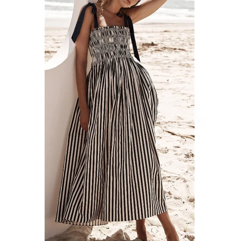 Summer Striped Dress Women Vacation Clothes Square Collar Sleeveless A Line Long Dresses with Pockets Beach Dresses