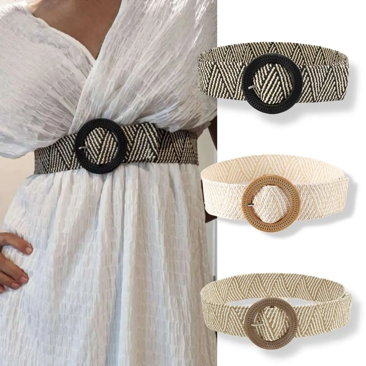 

New Bohemia Women Striped Braided Belt Summer PP Straw Belt Beach Style Wide Waistband Elastic Strap Female Dress Decoration Hot