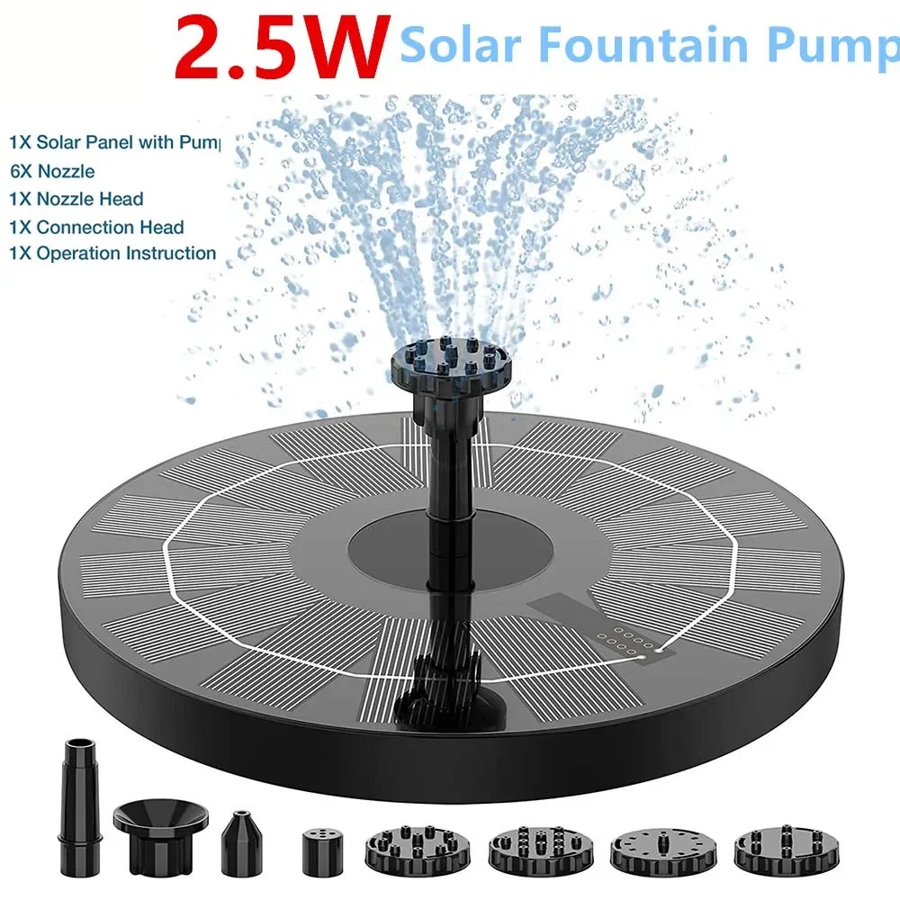 Solar Fountain Pump 2.5W Solar Bird Bath Fountain with 6 Nozzles Garden