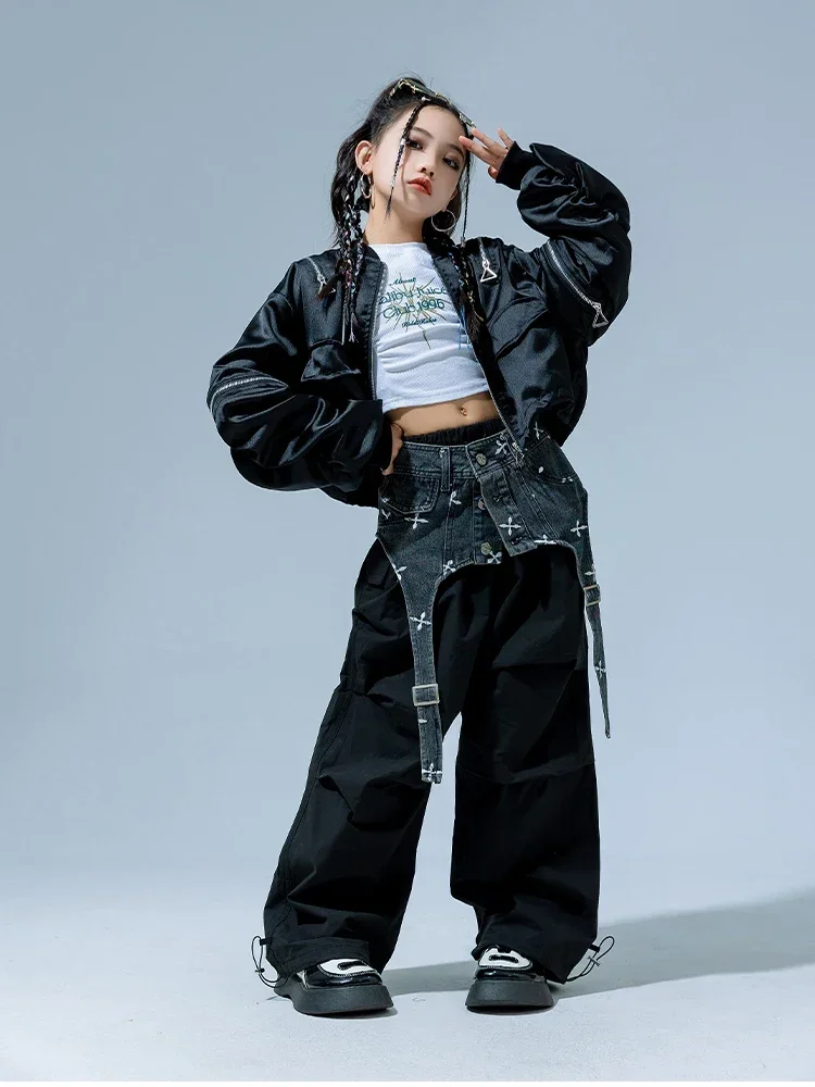 Jazz Street Dance Wear Ballroom Hip Hop Stage Costumes Children is Jazz Dance Performance Clothing Girls Denim Waistband Suit