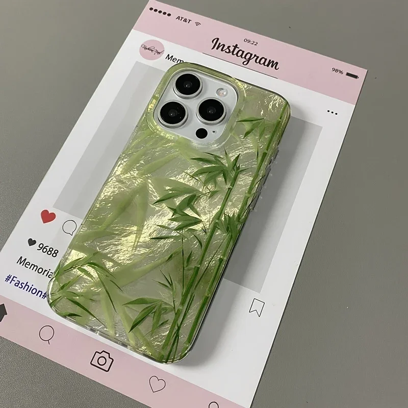 รูปสินค้า เคสไม้ไผ่สไตล์จีนสีเขียวสำหรับ iPhone 17/16 Pro Max 15/14 Plus 13/12/11