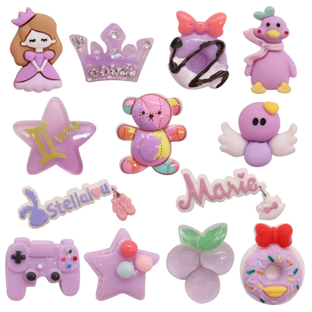 

Wholesale 50pcs Resin Shoe Charms Purple Princess Duck Bear Star Accessories DIY Shoe Decoration For Croc Jibz Kids X-mas Gift