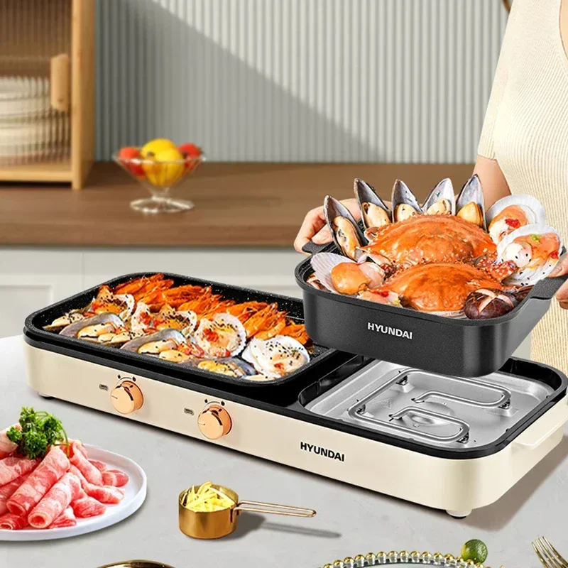 Electric Griddle 3-in-1 Multifunction Cooker Dual Temperature Control Detachable Disk Non-stick Electric Grills for Barbecue Stew Cooking Hot Pot