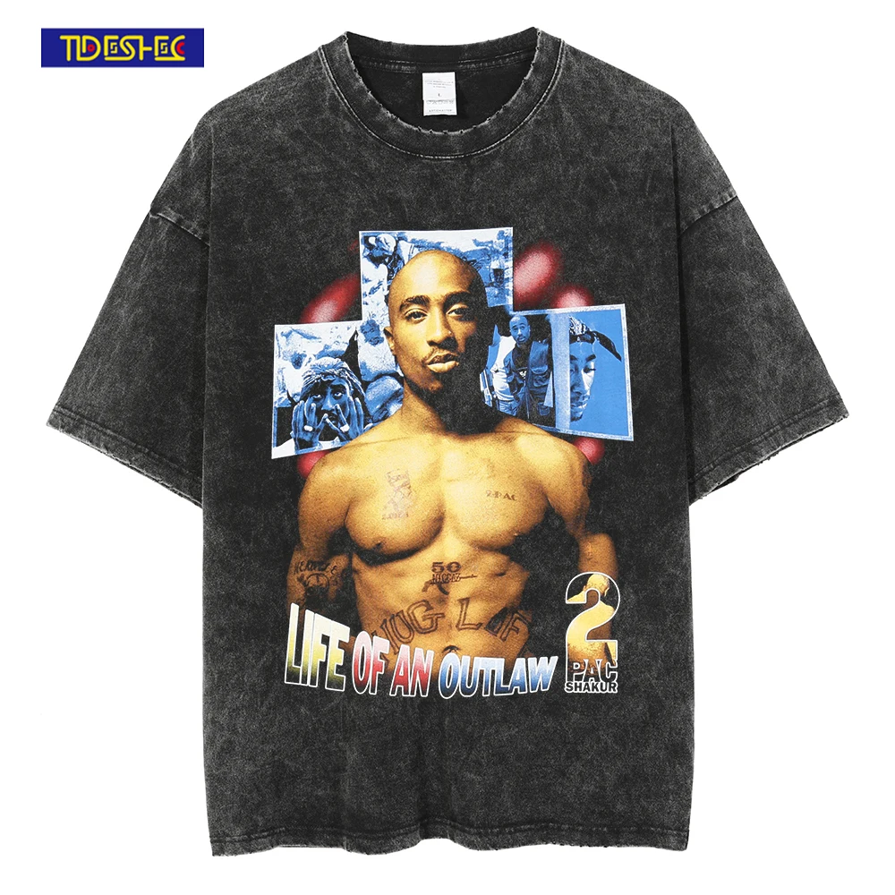 

Men Hip Hop T Shirt Streetwear 2pac Portrait Graphic Print T Shirt 2022 Harajuku Washed Short Sleeve Tupac Distressed T Shirt