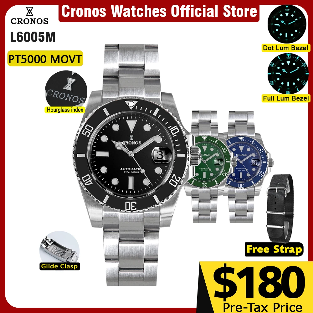 Cronos Sub Diver Men Watch Stainless Steel PT5000 Bracelet