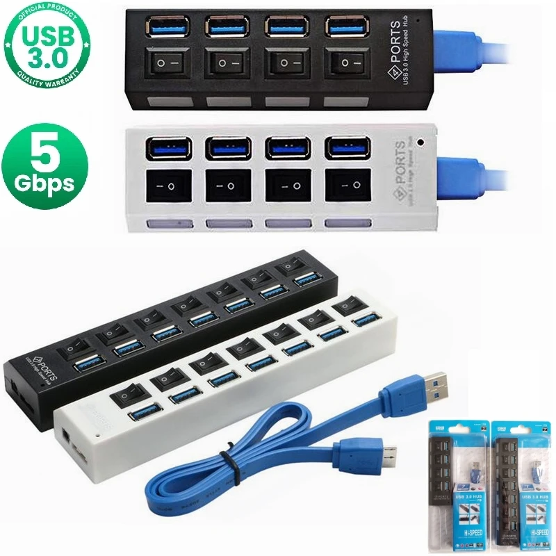 4/7 Ports USB 3.0 HUB With On/Off Switch Power Adapter For Desktop Laptop 