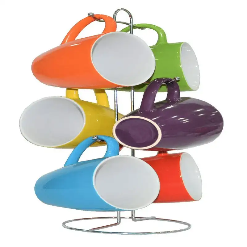 

Multi Color 6 Pc. Ceramic Coffee Mug Set with a Metal Stand, 15 oz. Double wall glass cup Espresso cup Cups Fathers day gifts Bu