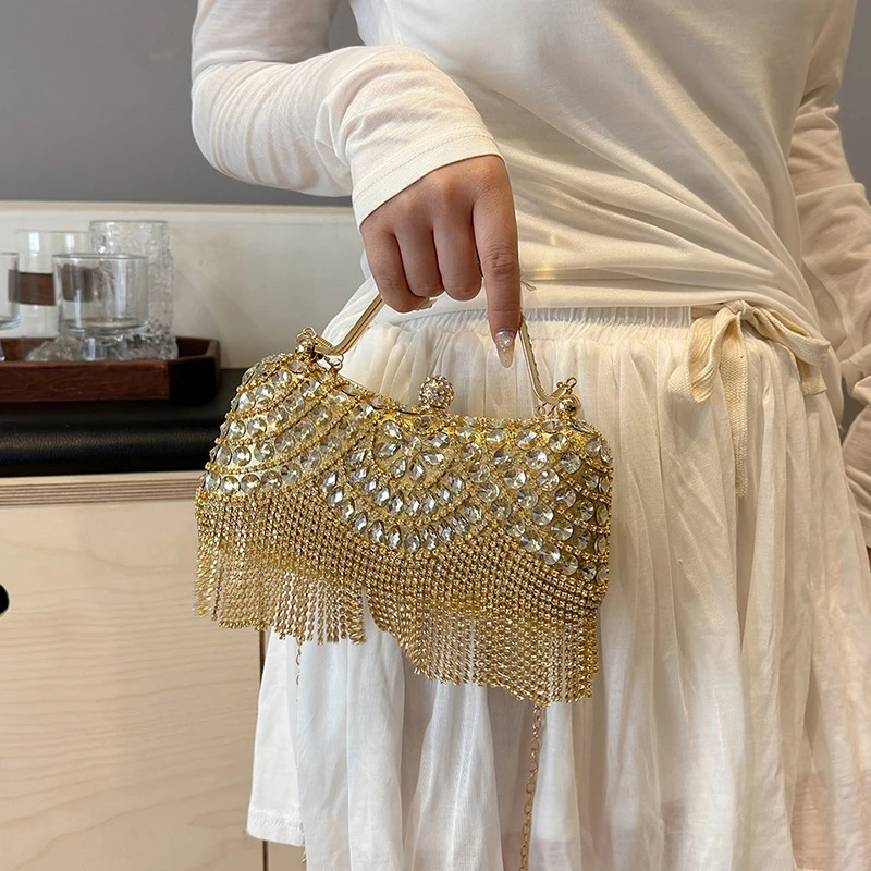 Metal Top Handle Tassel Evening Banquet Bag Glitter Wrist Bag Box Handbag Large Capacity Rhinestone Ladies Clutch Bag Women 2026