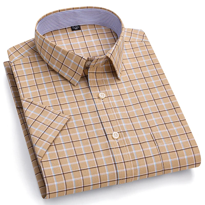 Plus size 7xl 100%cotton summer short sleeve shirts for men slim fit casual plain shirt plaid office clothes free shipping items