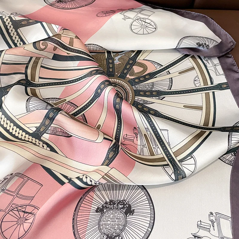 Luxury Design Carriage Print Silk Square Scarf for Women Fashion Skinny Neck Tie Soft Satin Hijab Female Neckerchief Hair Scarf 4