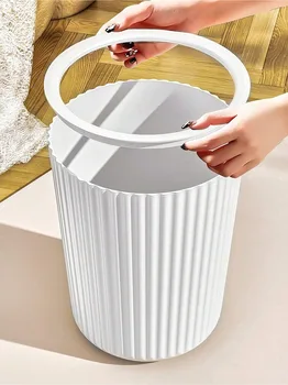 1pc Simple Striped Trash Can, Paper Basket Bin For Bedroom, Living Room, Bathroom, Waste Management Container 2