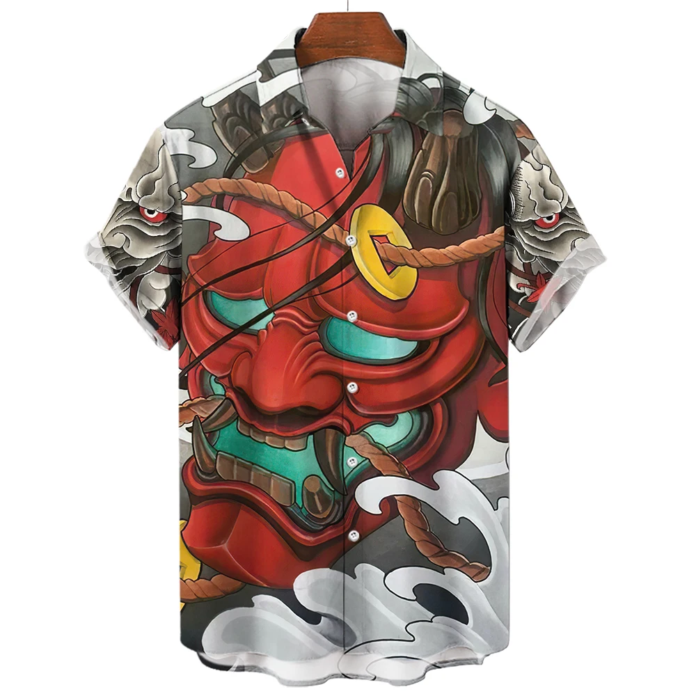 

Vintage Samurai Japanese Printed Shirt For Men Fashion Street Hip-hop Short Sleeve Tops T-shirt Oversized Button Shirt Clothes