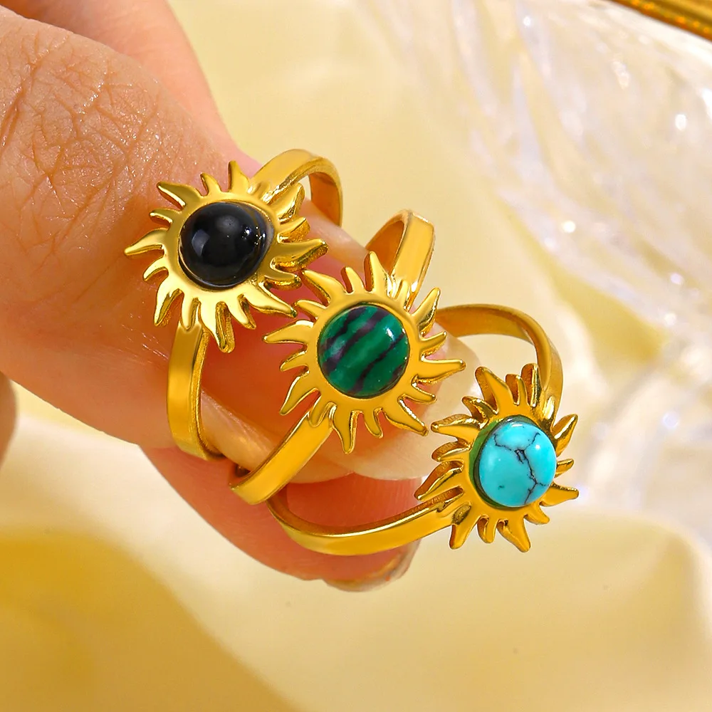 

Fashion Obsidian/Malachite/Turquoise Inlaid Stainless Steel Sunflower Ring Hip Hop Online Influencer Ring Women