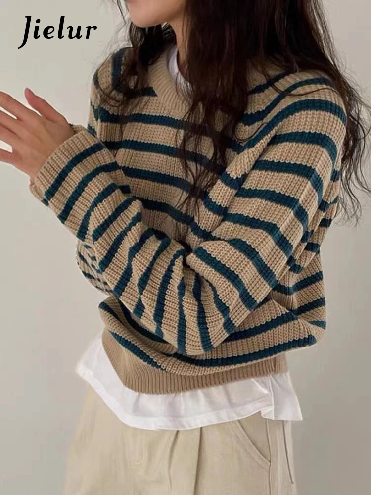

Jielur New Simple Korean Stripe Women PulloversO-Neck Knitted Slim Chicly Pullovers Female Khaki White Black Fashion Top Woman