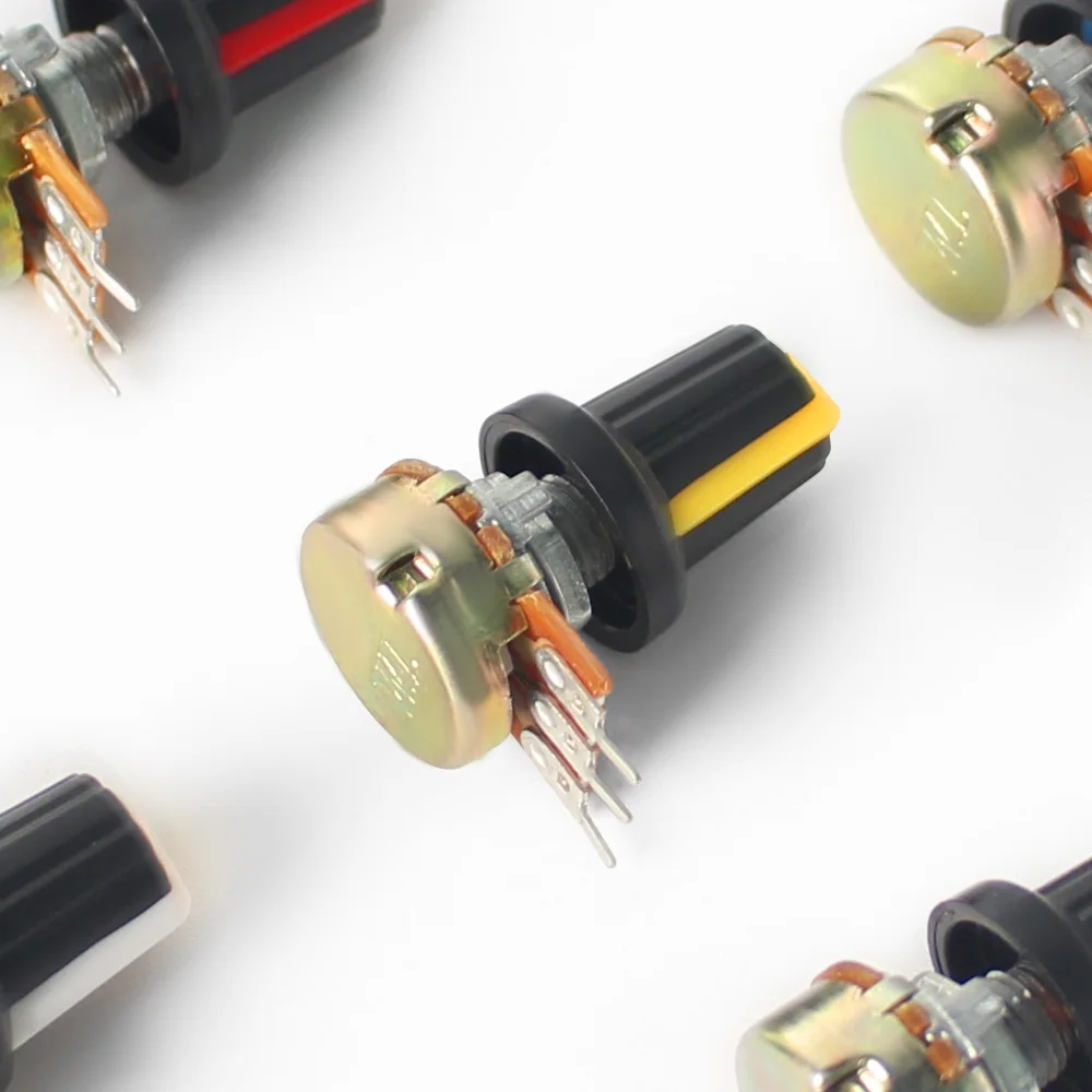 Potentiometer Kit 5PCS WH148 Potentiometer Linear Rotary Taper 3Pin 1K-1M Ohm Variable Resistors 15mm Shaft with Yellow AG2 Knobs Nuts and Washers linear potentiometer rotary potentiometer adjustable resistor potentiometer kit multiturn potentiometer potentiometer knobs trimmer potentiometer
