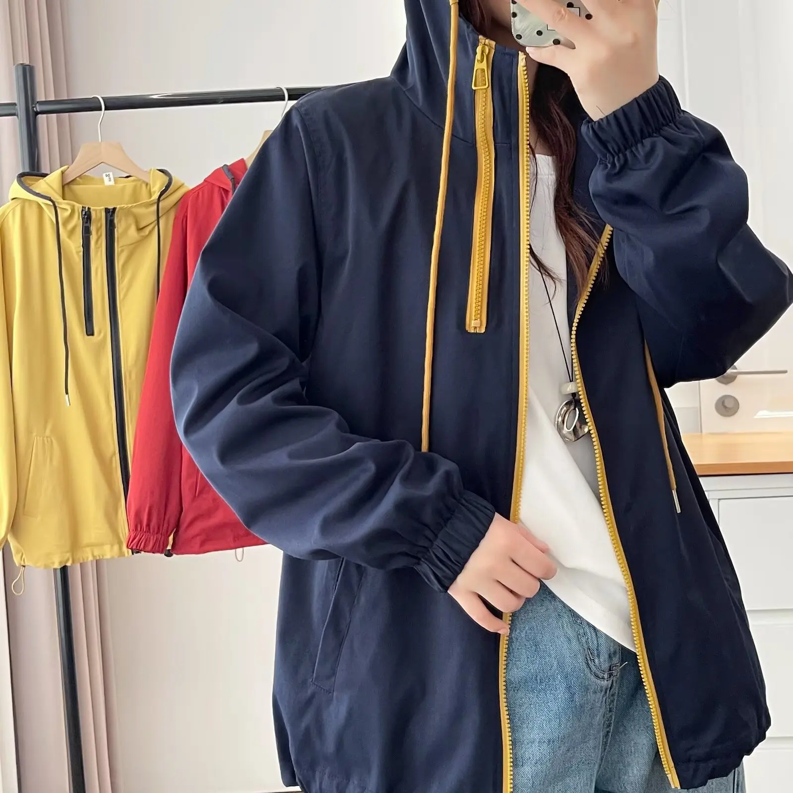 XXXXL Fashion Plus Size Women's Outdoor Jacket 2025 Autumn New Sporty Hooded Contrast Color Zipper Windbreaker Coats